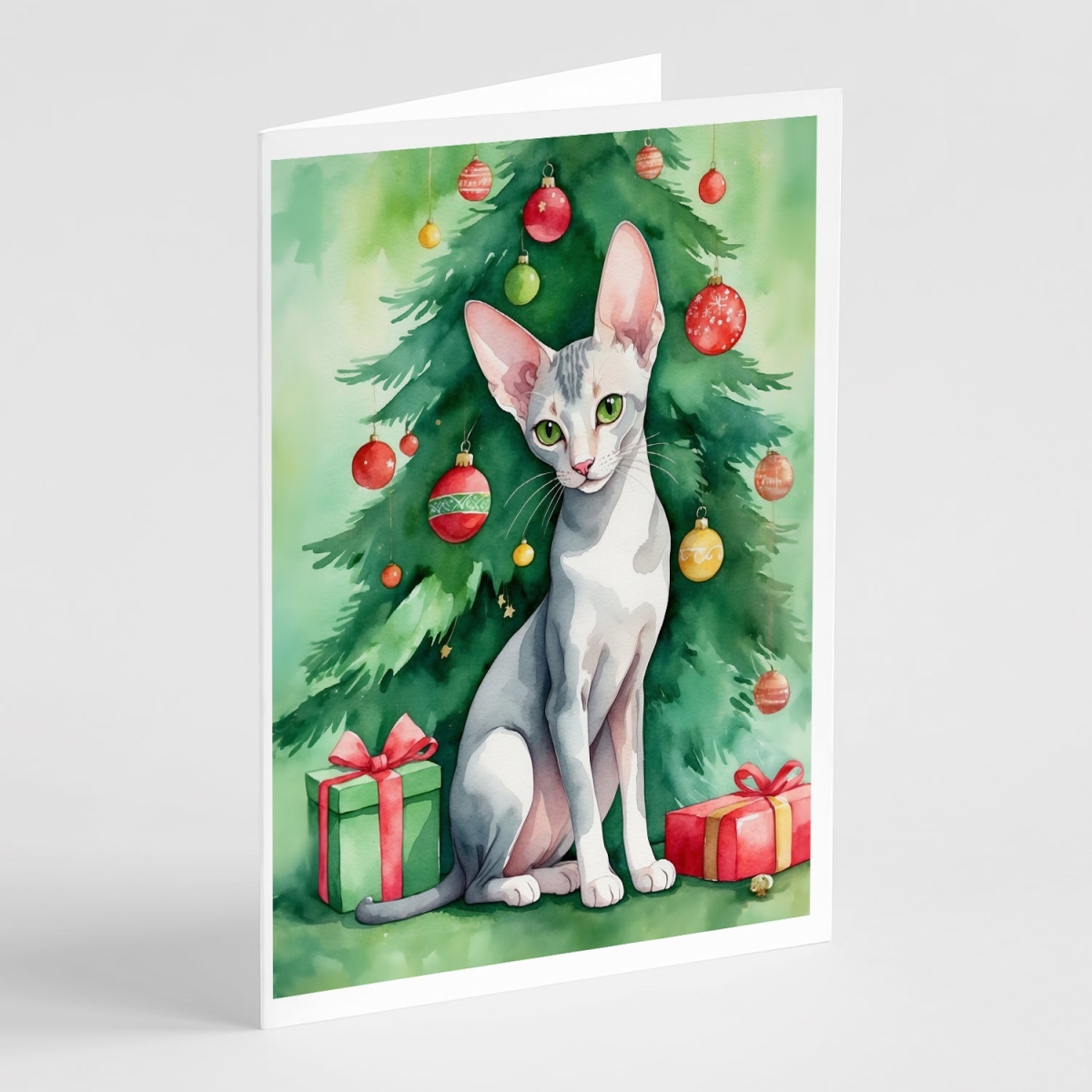 DAC7241GCA7P 5 x 7 in. Oriental Shorthair Cat by the Christmas Tree Greeting Cards - Pack of 8