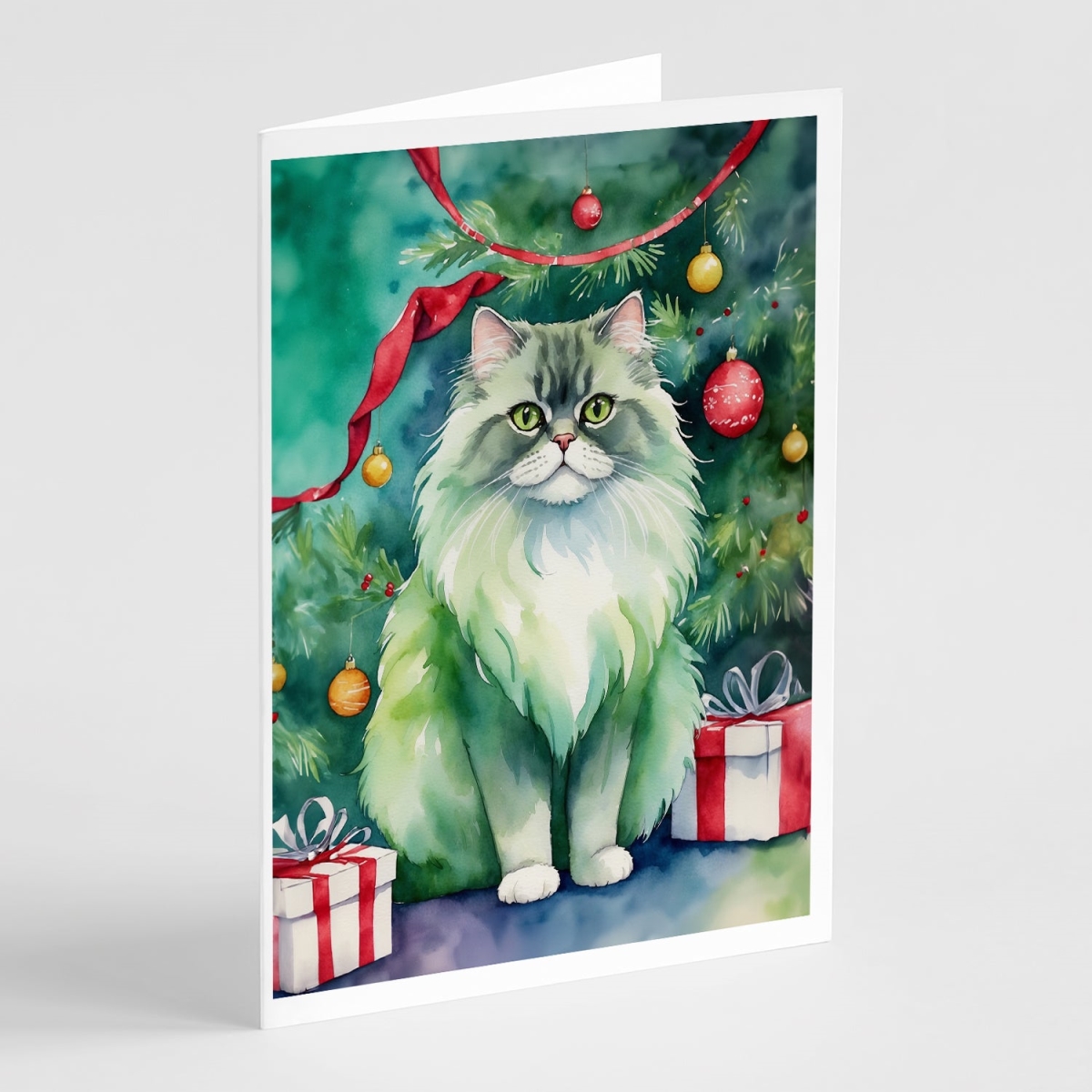 DAC7243GCA7P 5 x 7 in. Persian Cat by the Christmas Tree Greeting Cards - Pack of 8