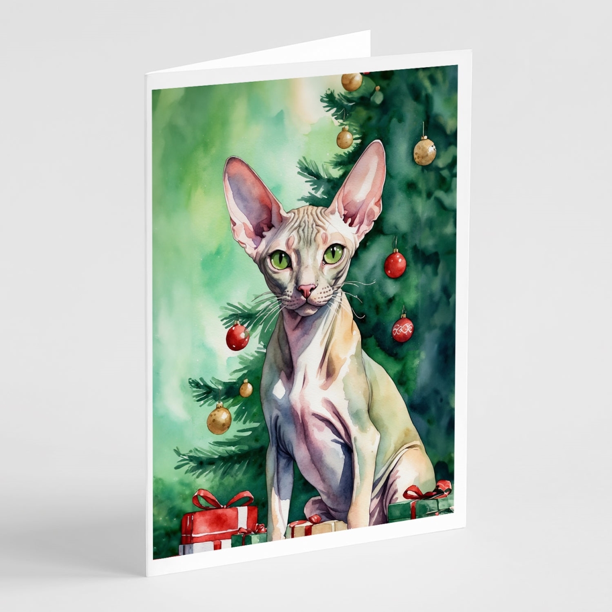 DAC7244GCA7P 5 x 7 in. Peterbald Cat by the Christmas Tree Greeting Cards - Pack of 8