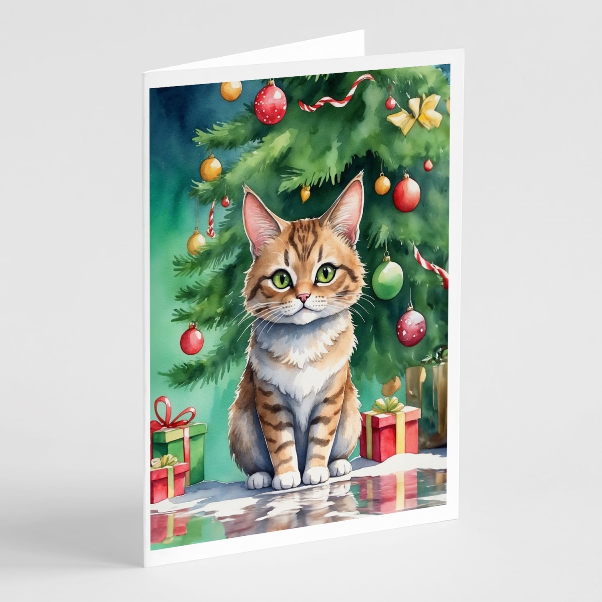 DAC7245GCA7P 5 x 7 in. Pixie Bob Cat by the Christmas Tree Greeting Cards - Pack of 8