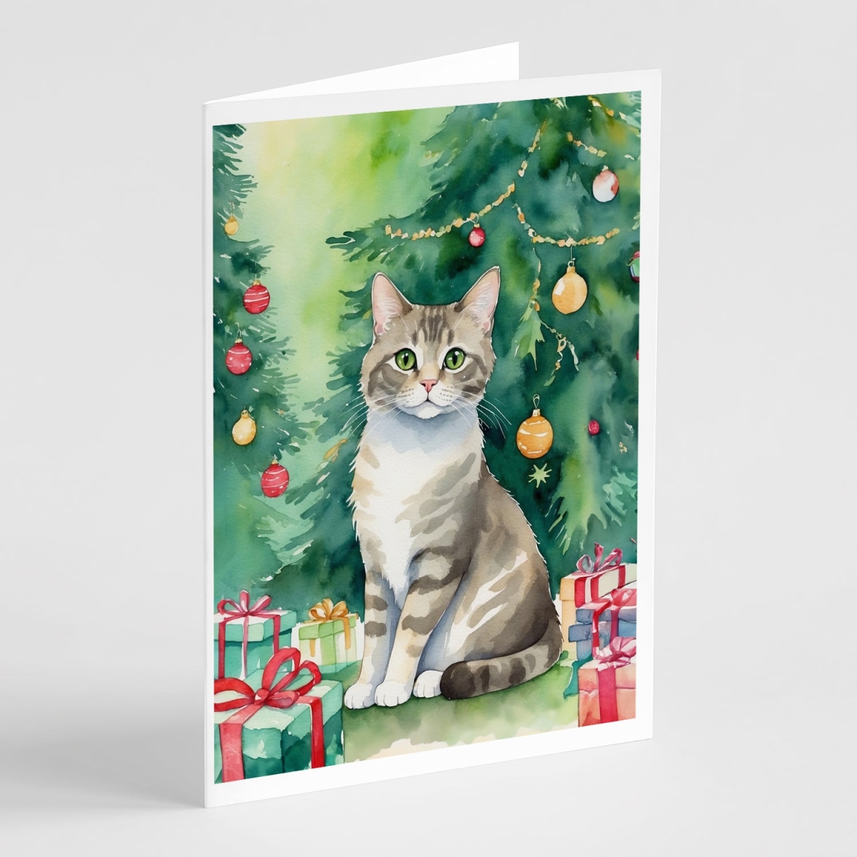 DAC7246GCA7P 5 x 7 in. Pudelkatze Cat by the Christmas Tree Greeting Cards - Pack of 8