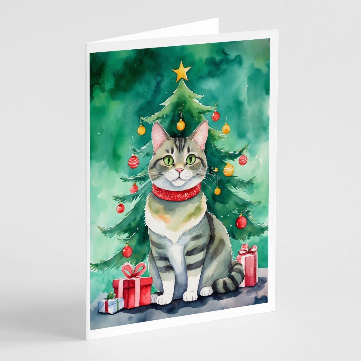 DAC7247GCA7P 5 x 7 in. Raas Cat by the Christmas Tree Greeting Cards - Pack of 8