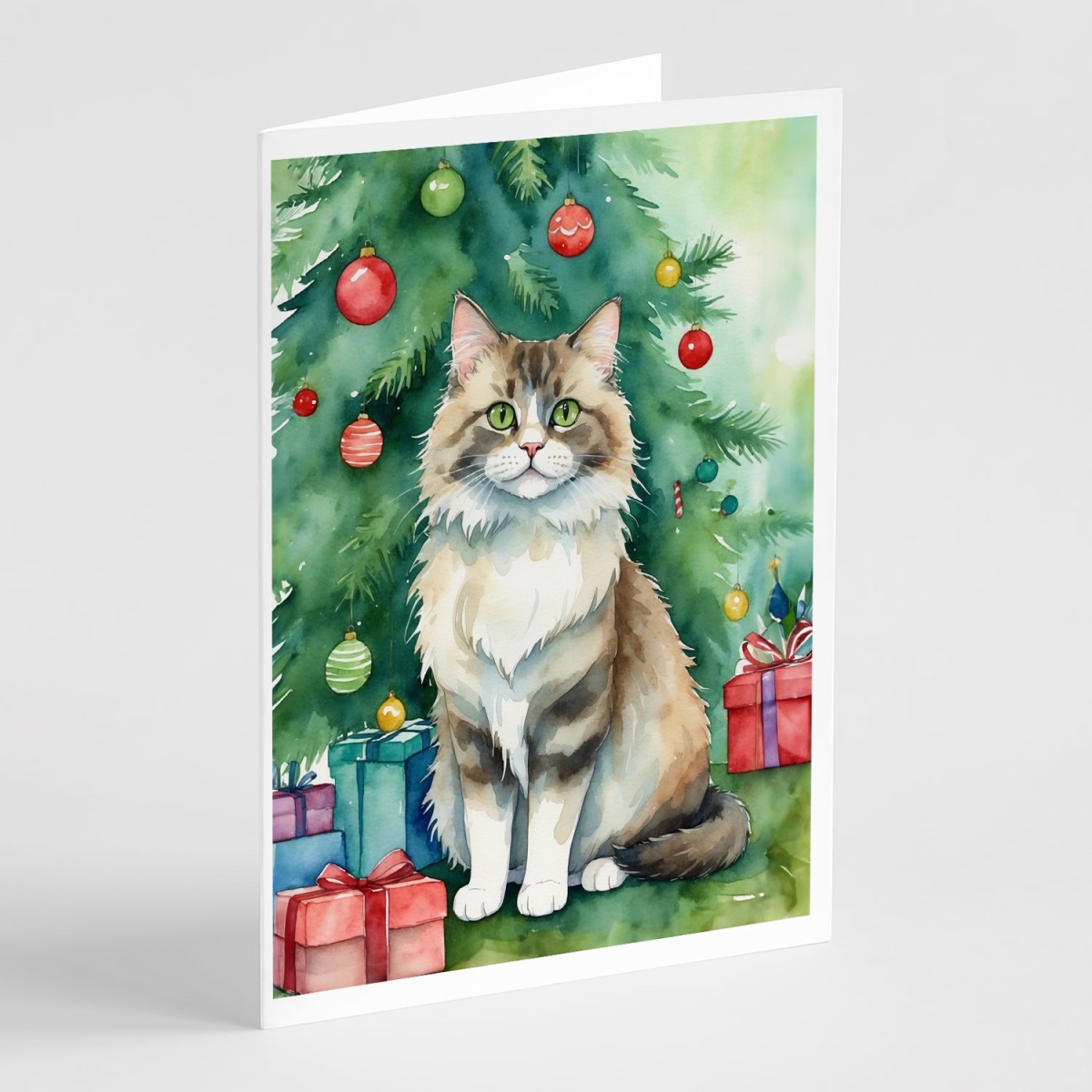DAC7248GCA7P 5 x 7 in. Ragamuffin Cat by the Christmas Tree Greeting Cards - Pack of 8