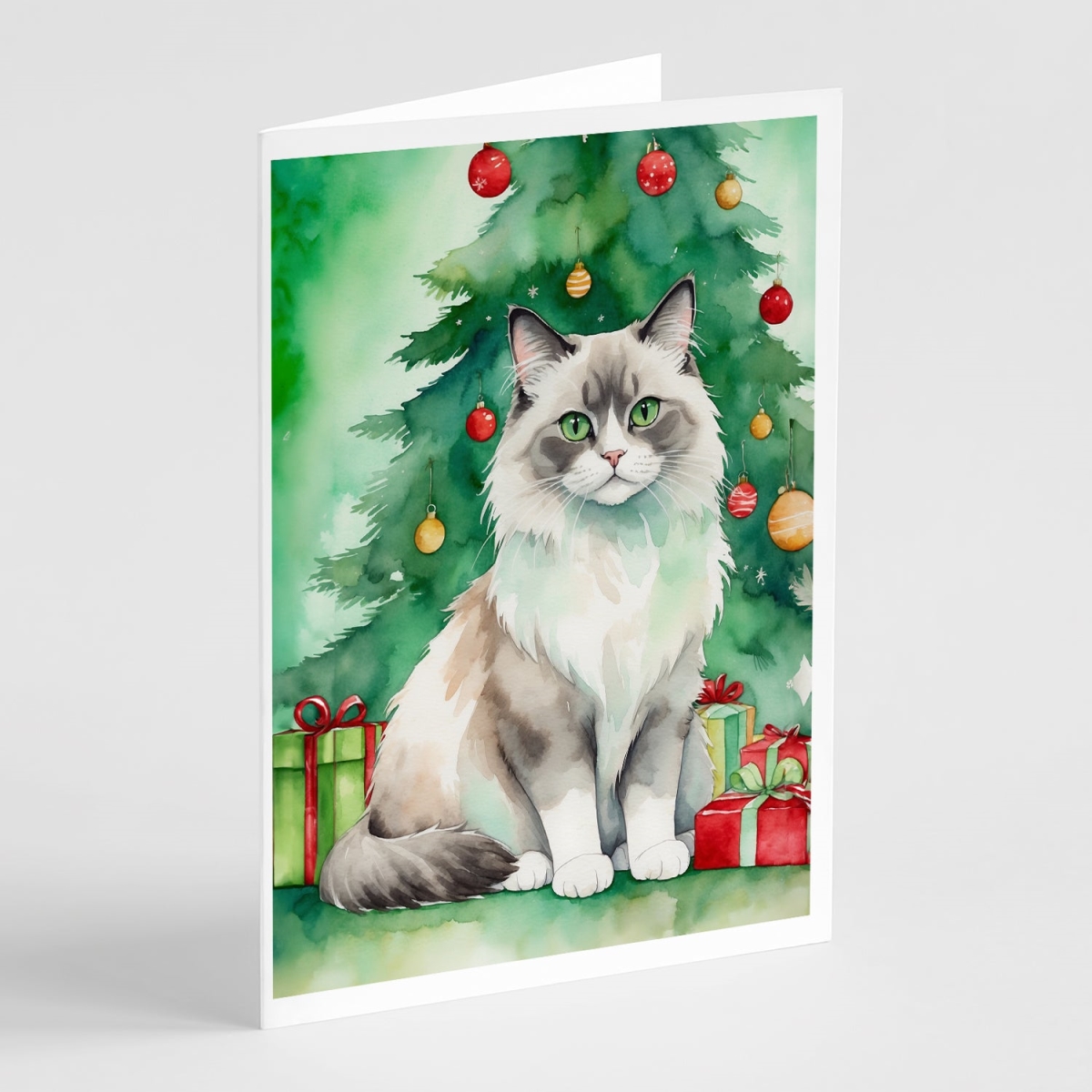 DAC7249GCA7P 5 x 7 in. Ragdoll Cat by the Christmas Tree Greeting Cards - Pack of 8