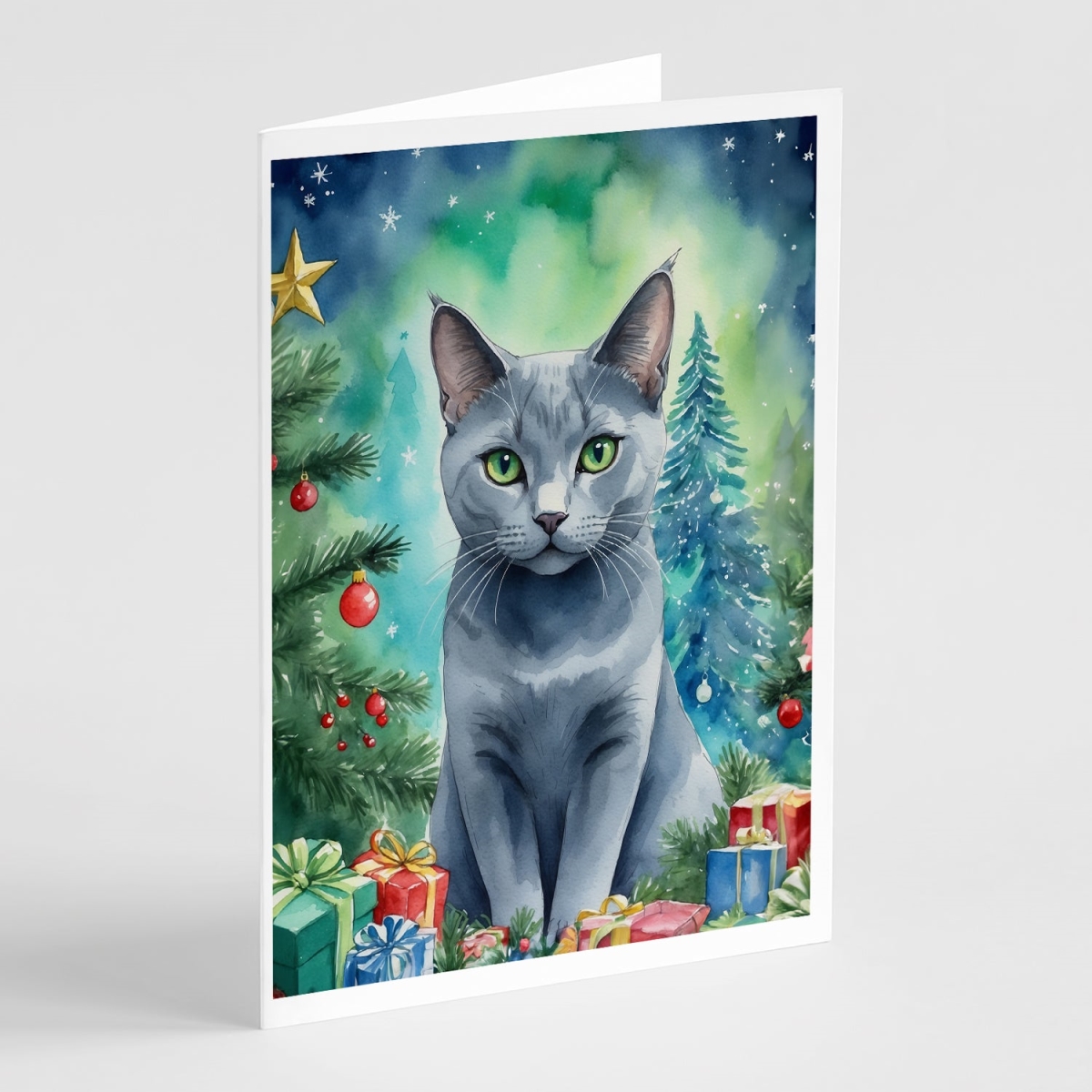 DAC7250GCA7P 5 x 7 in. Russian Blue Cat by the Christmas Tree Greeting Cards - Pack of 8