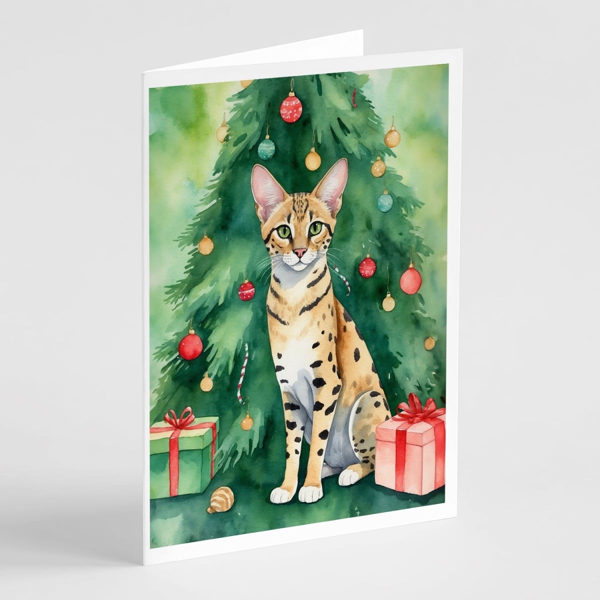 DAC7252GCA7P 5 x 7 in. Savannah Cat by the Christmas Tree Greeting Cards - Pack of 8