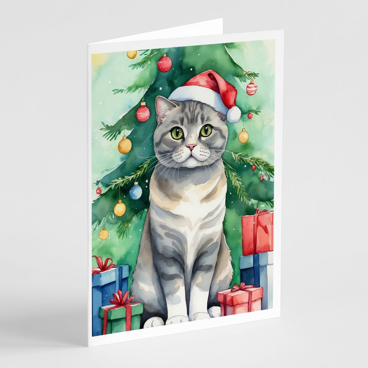 DAC7253GCA7P 5 x 7 in. Scottish Fold Cat by the Christmas Tree Greeting Cards - Pack of 8