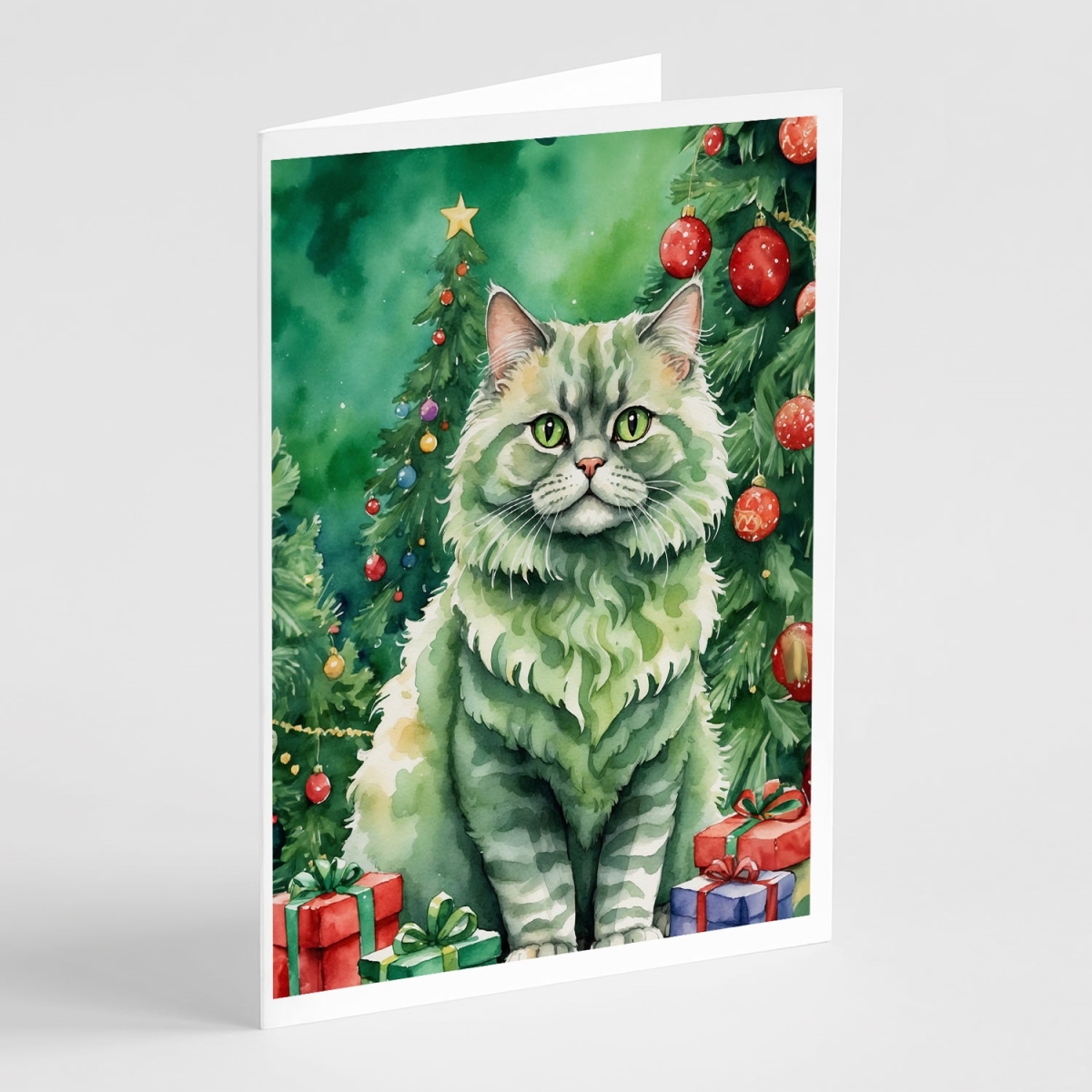 DAC7254GCA7P 5 x 7 in. Selkirk Rex Cat by the Christmas Tree Greeting Cards - Pack of 8