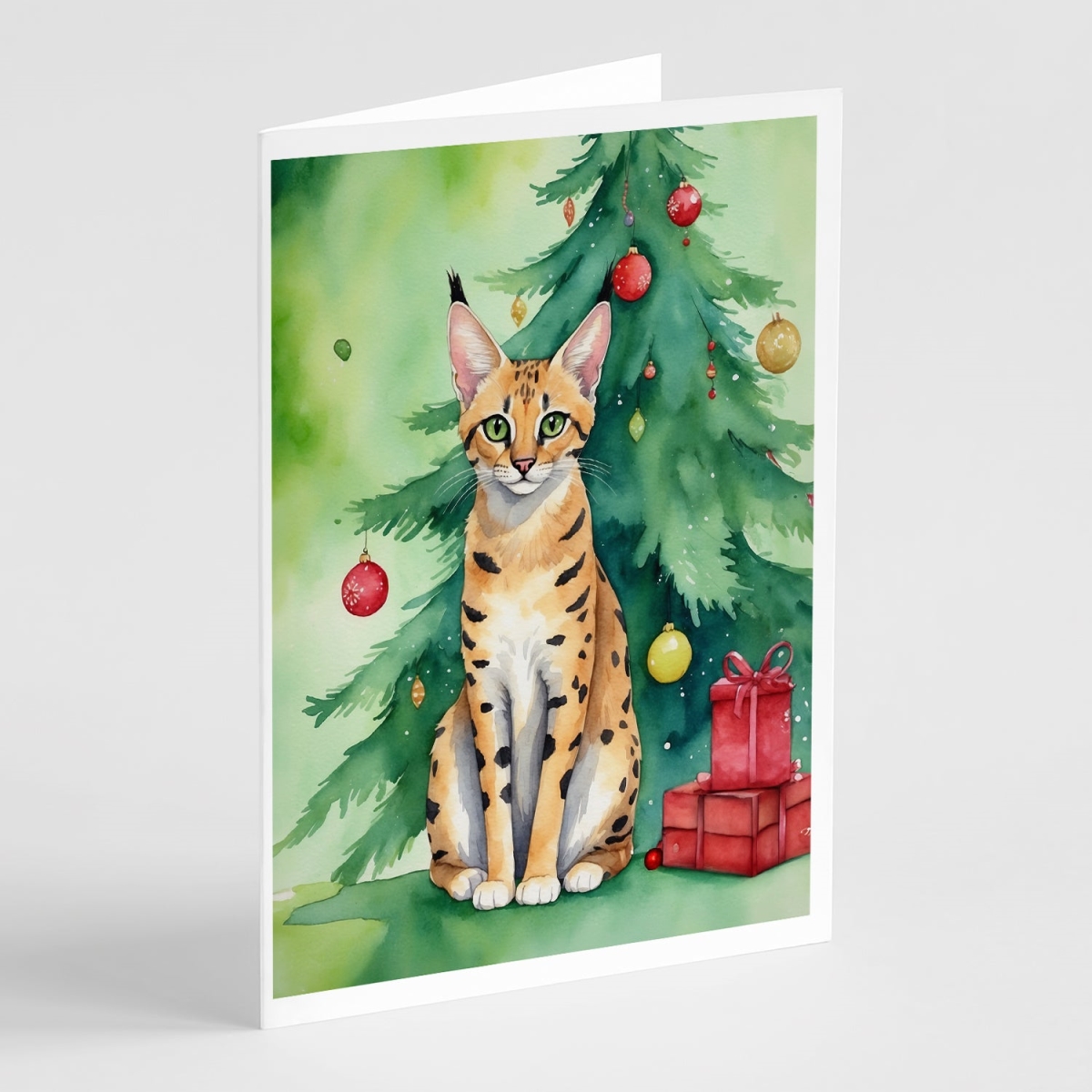 DAC7255GCA7P 5 x 7 in. Serengeti Cat by the Christmas Tree Greeting Cards - Pack of 8