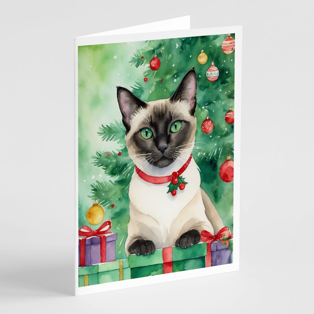 DAC7256GCA7P 5 x 7 in. Siamese Cat by the Christmas Tree Greeting Cards - Pack of 8
