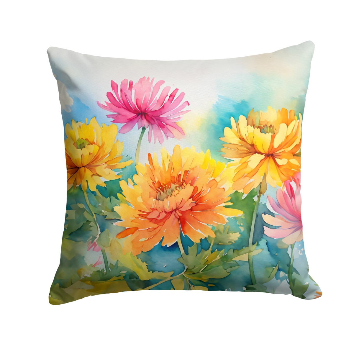Chrysanthemums Watercolor Throw Pillow - Multicolor - 18x18 in. - Water-Resistant