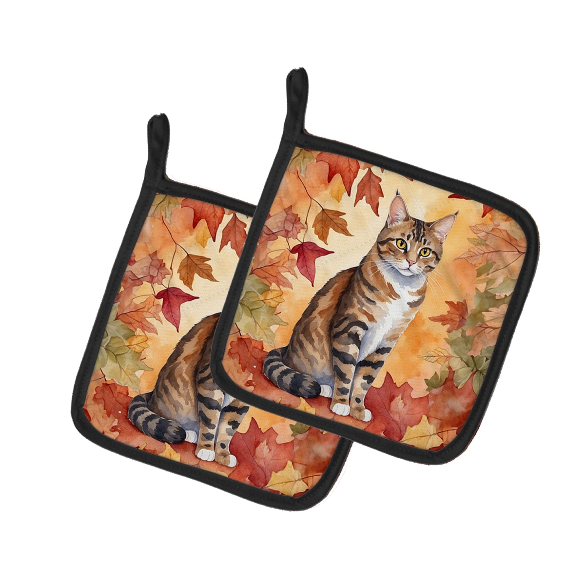 DAC7118PTHD 7.5 x 7.5 in. California Spangled Cat in Fall Leaves Pot Holders - Set of 2
