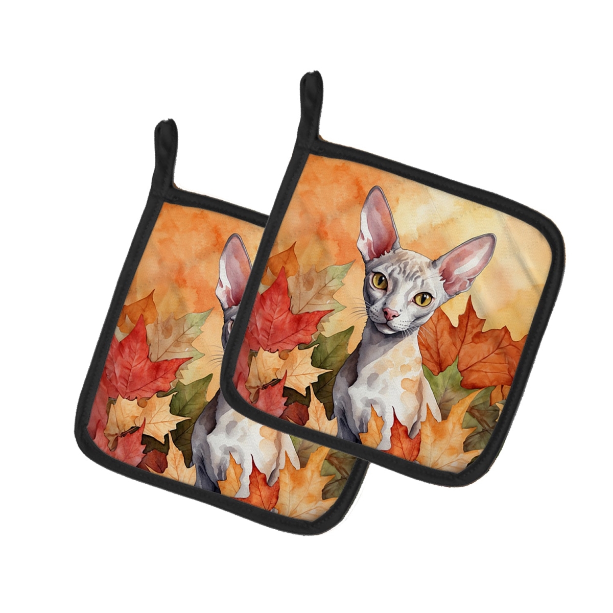 DAC7126PTHD 7.5 x 7.5 in. Cornish Rex Cat in Fall Leaves Pot Holders - Set of 2
