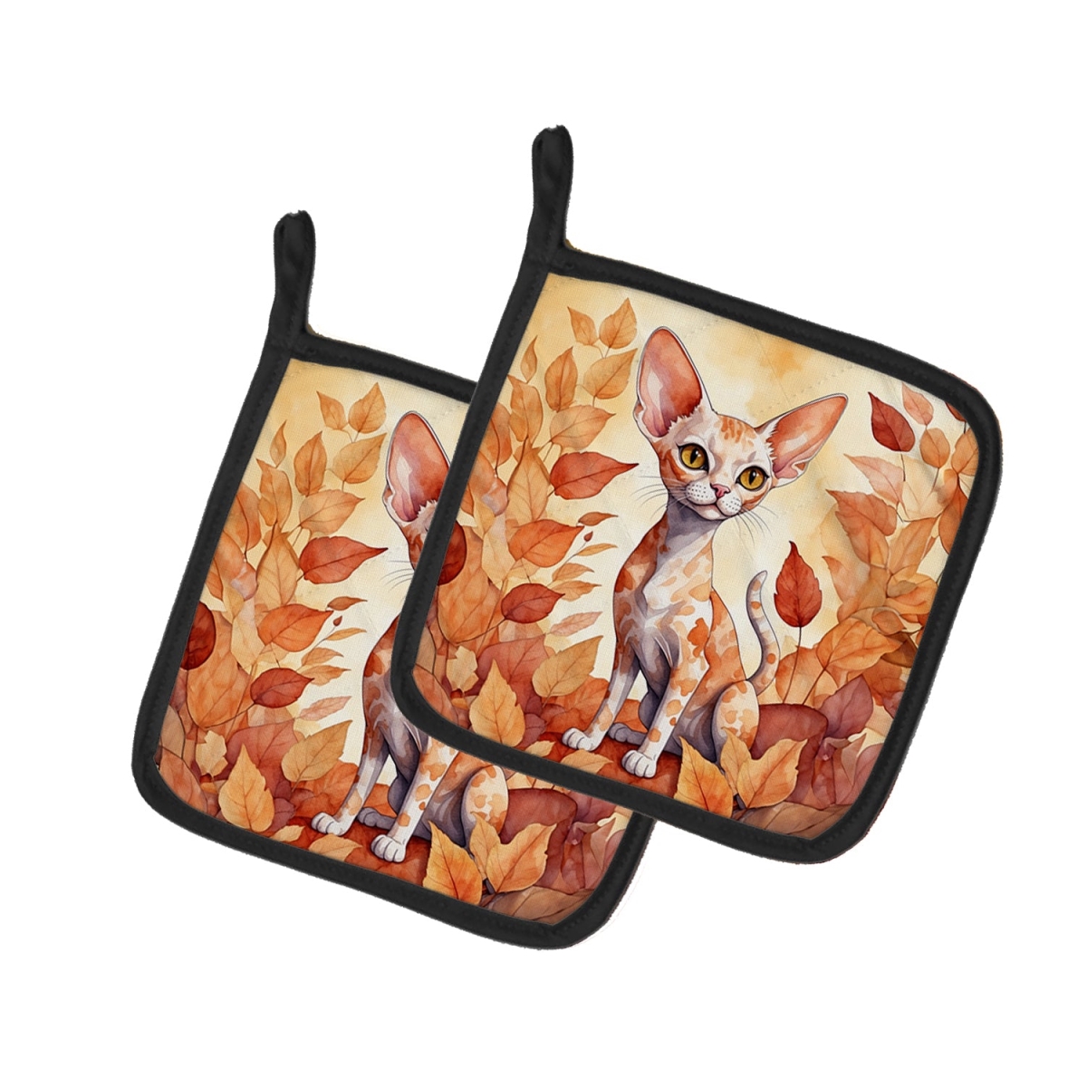 DAC7128PTHD 7.5 x 7.5 in. Devon Rex Cat in Fall Leaves Pot Holders - Set of 2