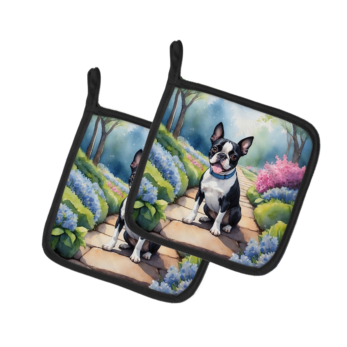 DAC6578PTHD 7.5 x 7.5 in. Boston Terrier Spring Path Pot Holders - Set of 2