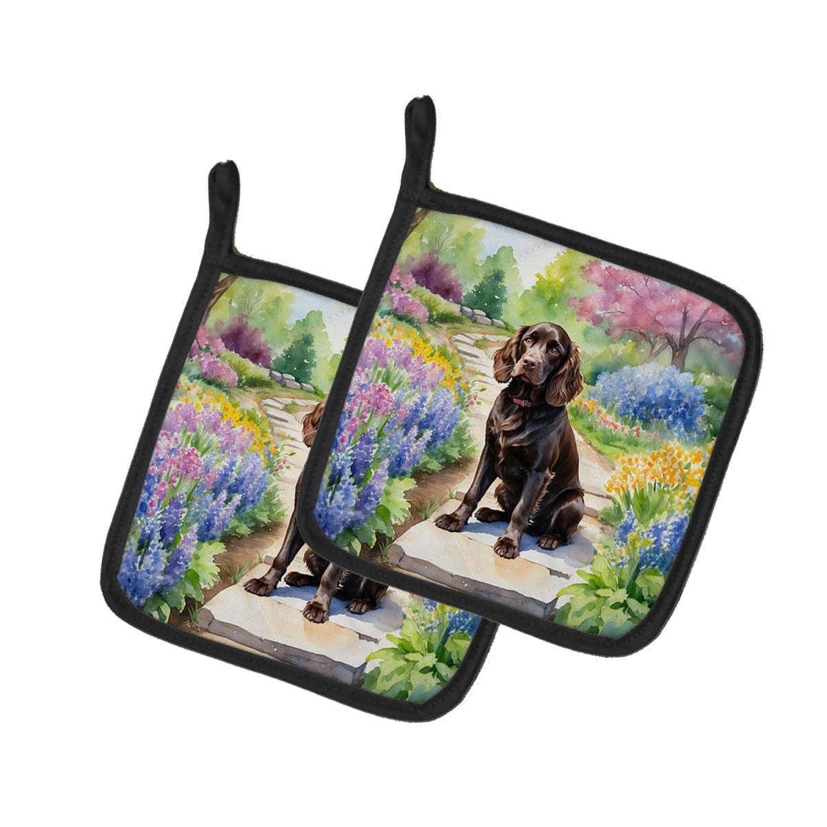 DAC6583PTHD 7.5 x 7.5 in. Boykin Spaniel Spring Path Pot Holders - Set of 2