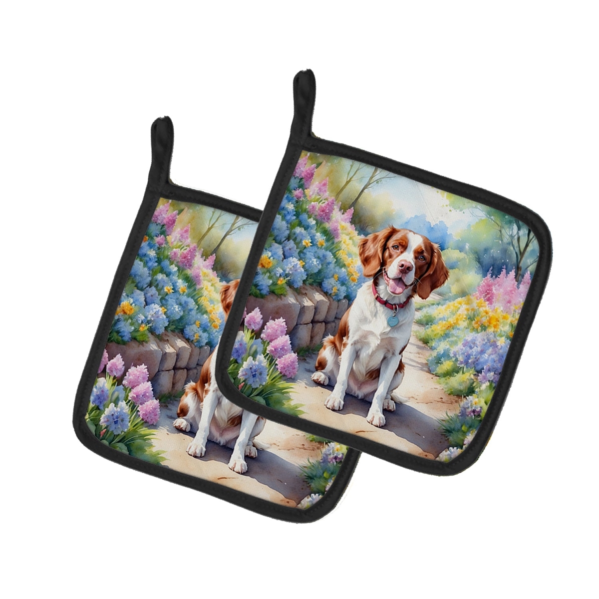 DAC6584PTHD 7.5 x 7.5 in. Brittany Spaniel Spring Path Pot Holders - Set of 2