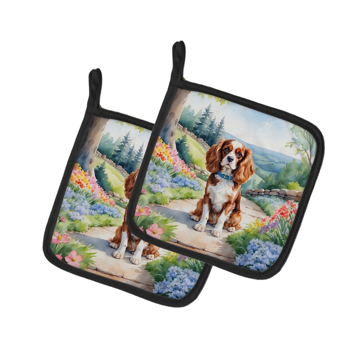 DAC6593PTHD 7.5 x 7.5 in. Cavalier Spaniel Spring Path Pot Holders - Set of 2