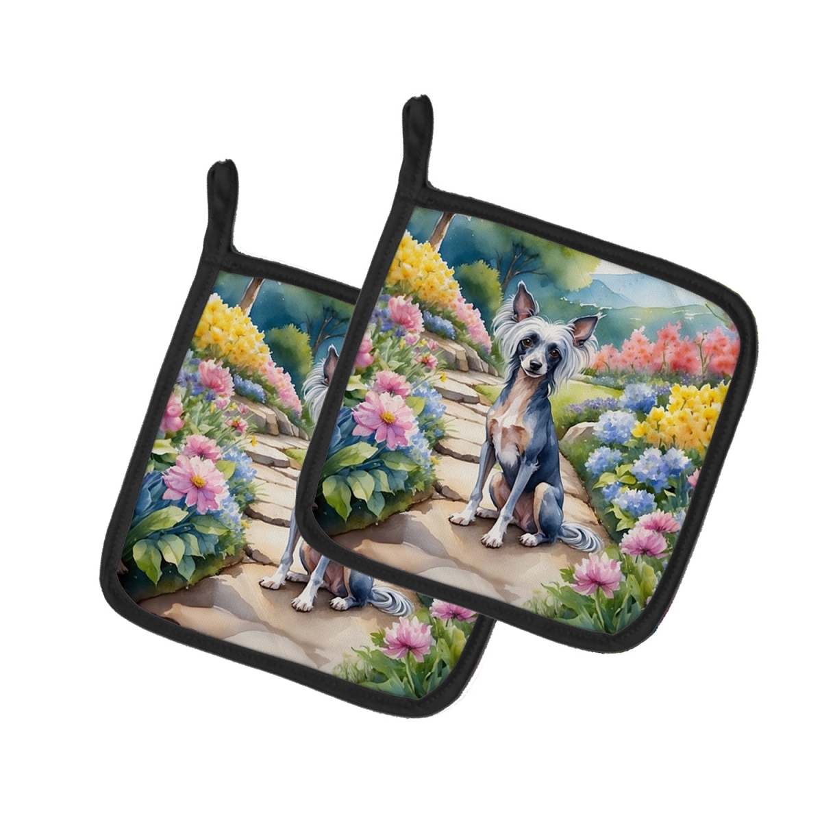 DAC6598PTHD 7.5 x 7.5 in. Chinese Crested Spring Path Pot Holders - Set of 2