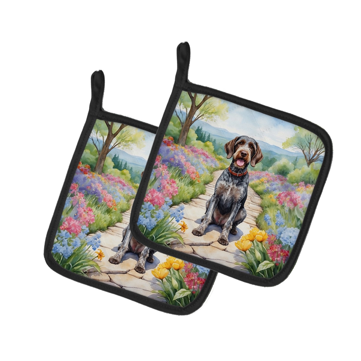 DAC6634PTHD 7.5 x 7.5 in. German Wirehaired Pointer Spring Path Pot Holders - Set of 2