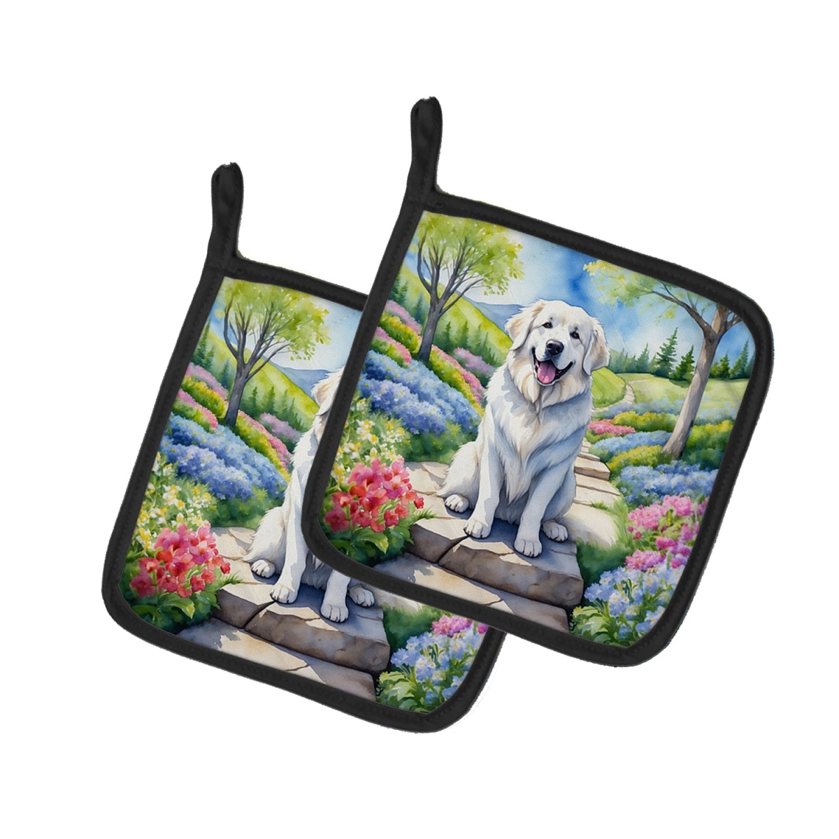 DAC6645PTHD 7.5 x 7.5 in. Great Pyrenees Spring Path Pot Holders - Set of 2