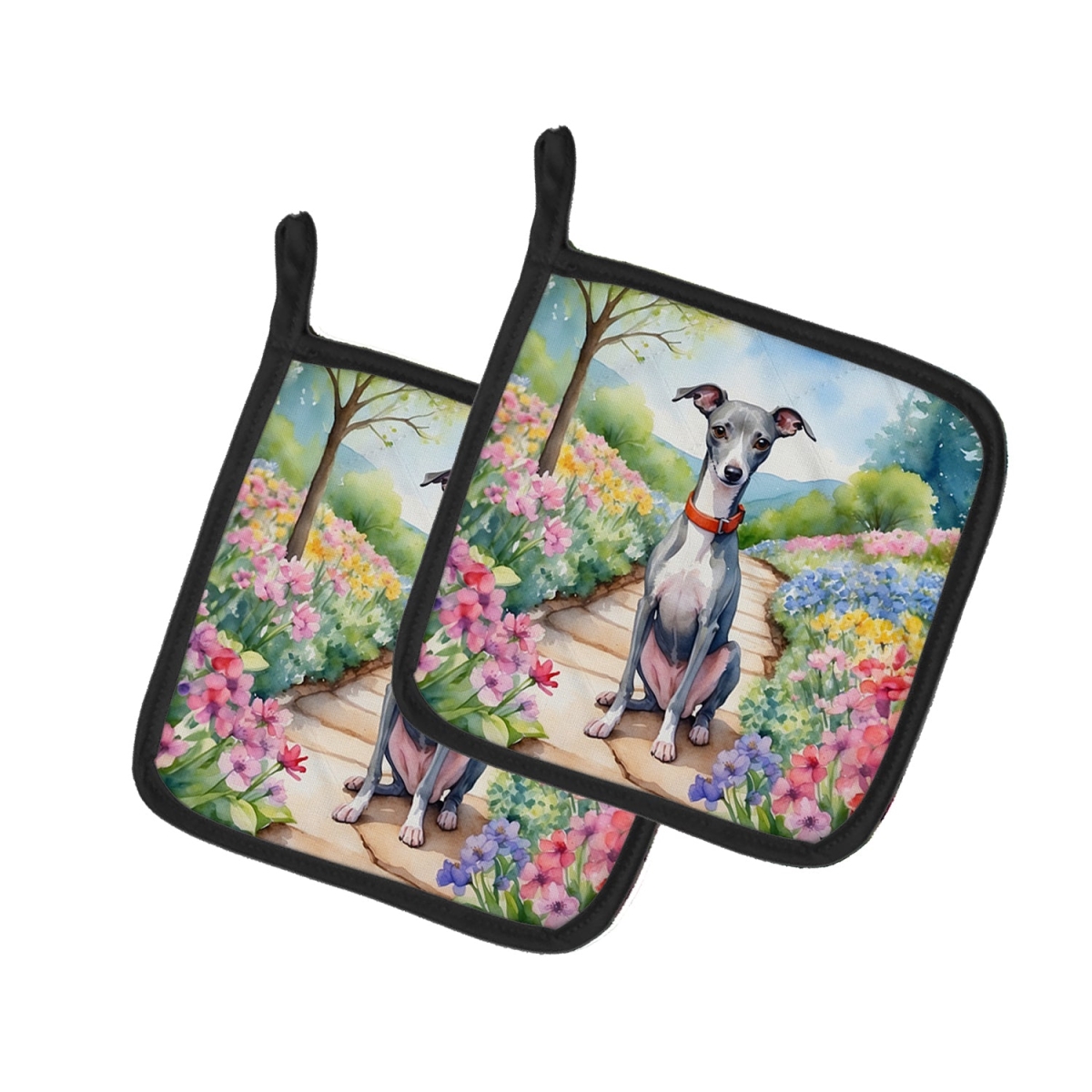 DAC6652PTHD 7.5 x 7.5 in. Italian Greyhound Spring Path Pot Holders - Set of 2