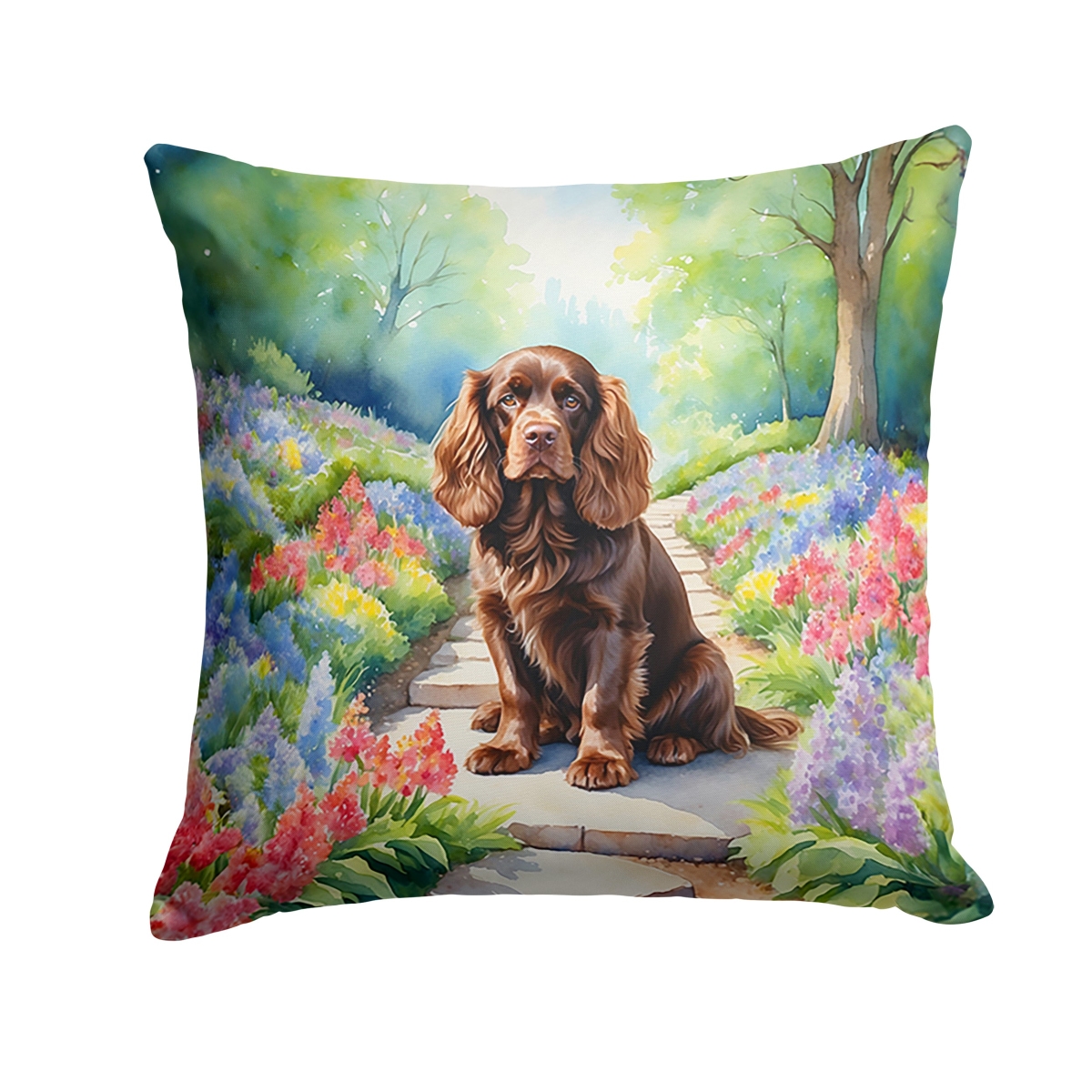DAC6723PW1414 14 x 14 in. Sussex Spaniel Spring Path Throw Pillow
