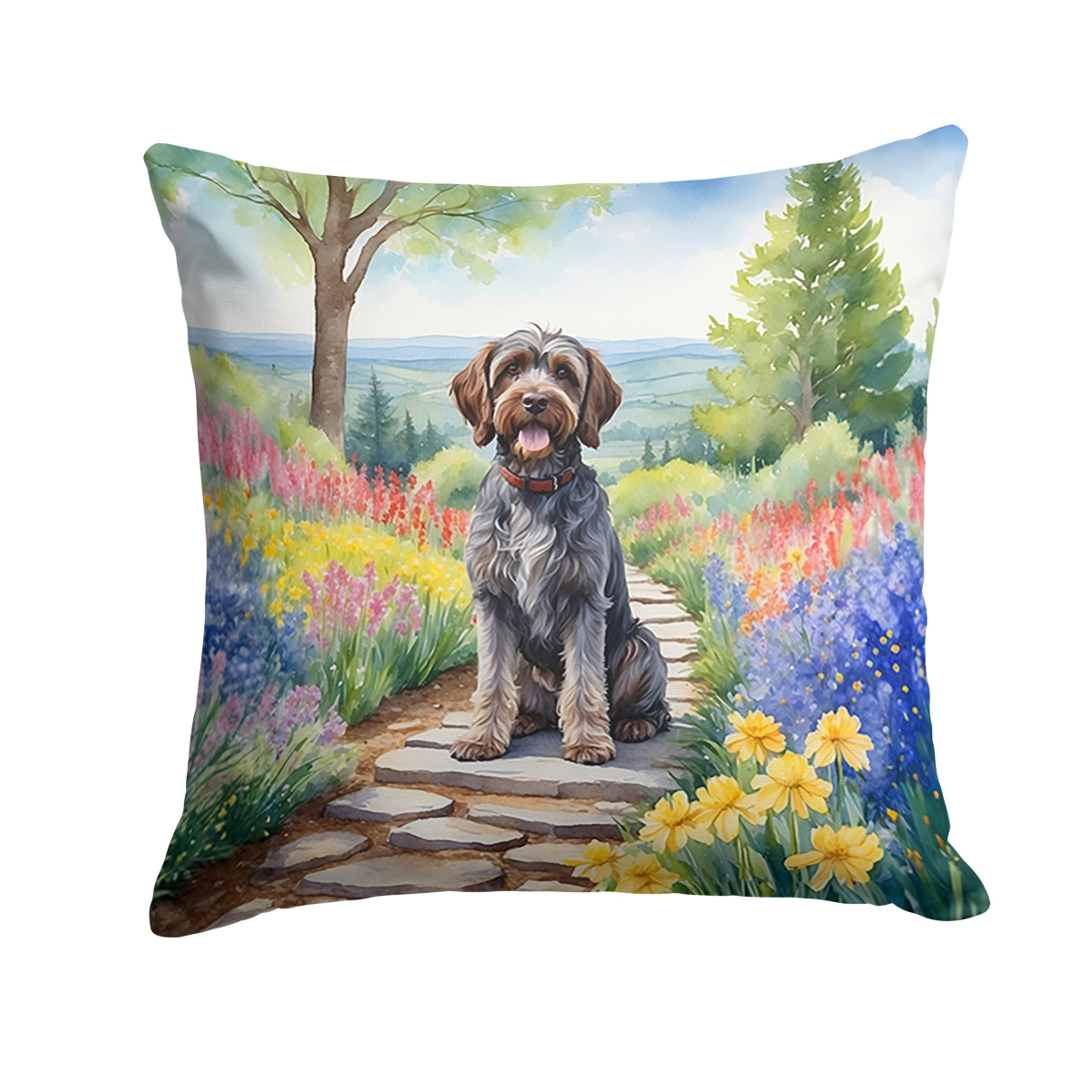 DAC6734PW1414 14 x 14 in. Wirehaired Pointing Griffon Spring Path Throw Pillow
