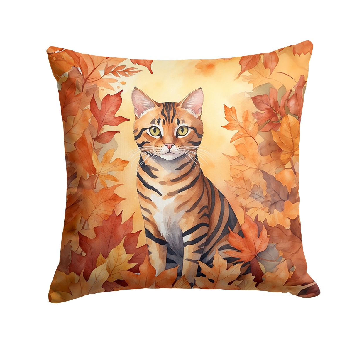 DAC7181PW1414 14 x 14 in. Toyger Cat in Fall Leaves Throw Pillow