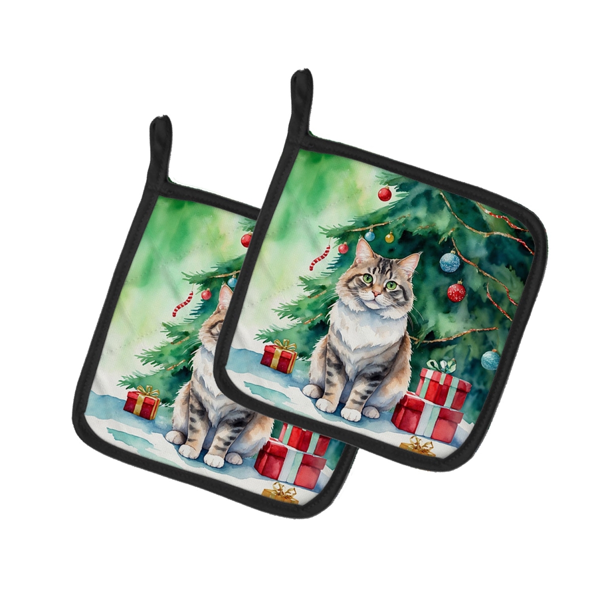 DAC7226PTHD 7.5 x 7.5 in. Kurilian Bobtail Cat by the Christmas Tree Pot Holders - Set of 2