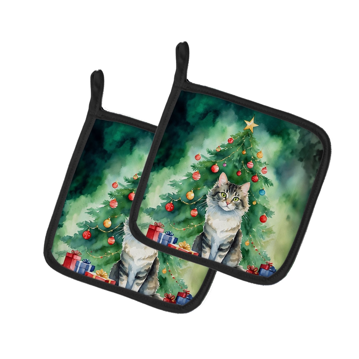 DAC7227PTHD 7.5 x 7.5 in. La Perm Cat by the Christmas Tree Pot Holders - Set of 2
