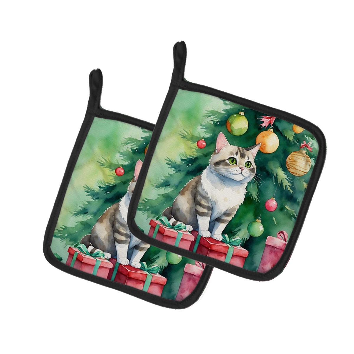 DAC7228PTHD 7.5 x 7.5 in. Li Hua Cat by the Christmas Tree Pot Holders - Set of 2