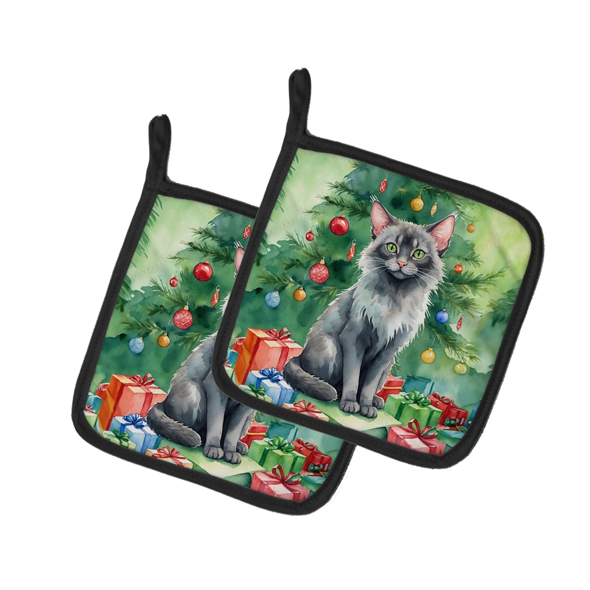 DAC7229PTHD 7.5 x 7.5 in. Lykoi Cat by the Christmas Tree Pot Holders - Set of 2