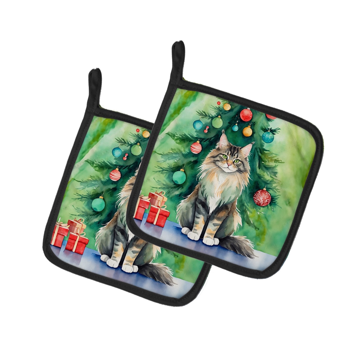 DAC7230PTHD 7.5 x 7.5 in. MaineCoon Cat by the Christmas Tree Pot Holders - Set of 2