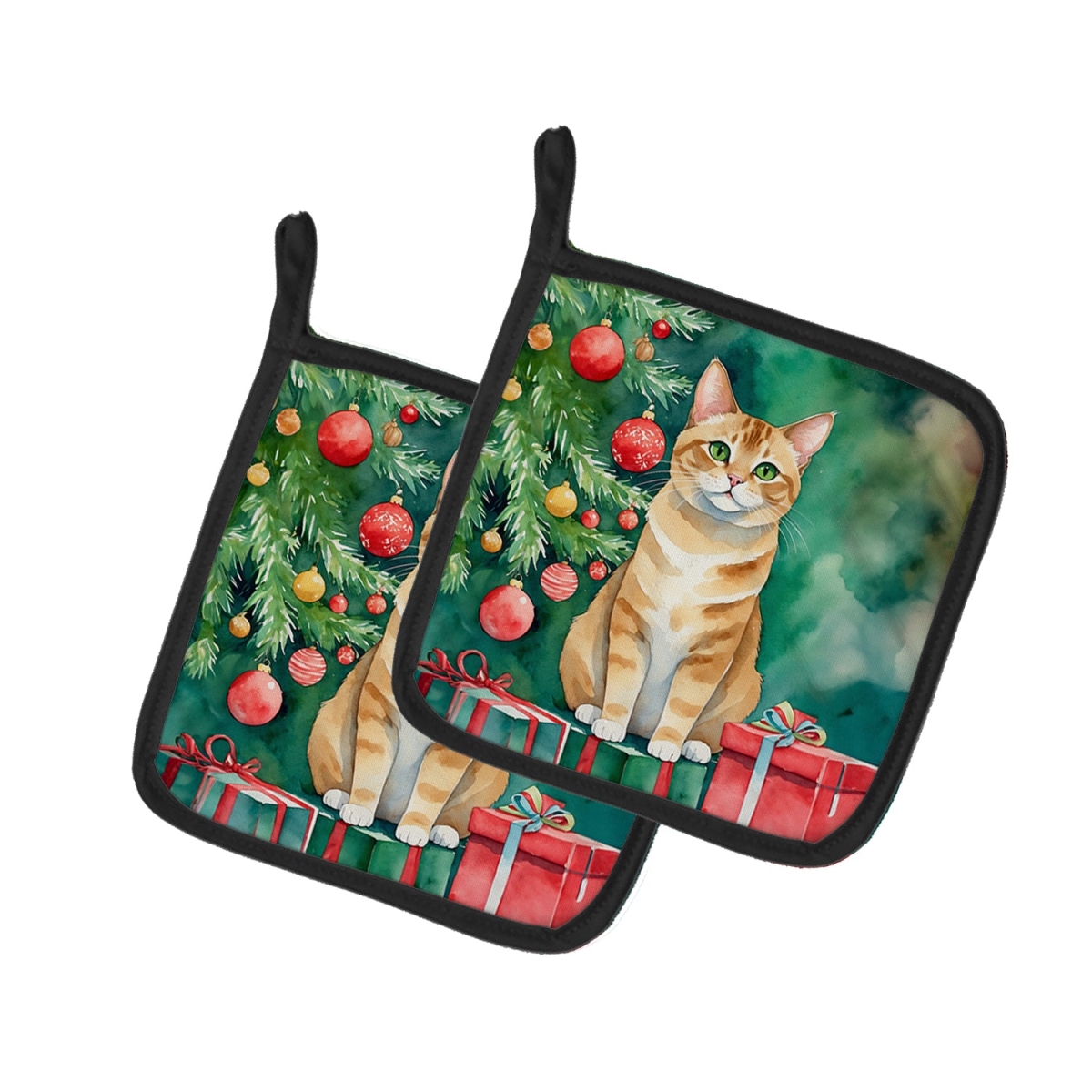DAC7231PTHD 7.5 x 7.5 in. Malayan Cat by the Christmas Tree Pot Holders - Set of 2