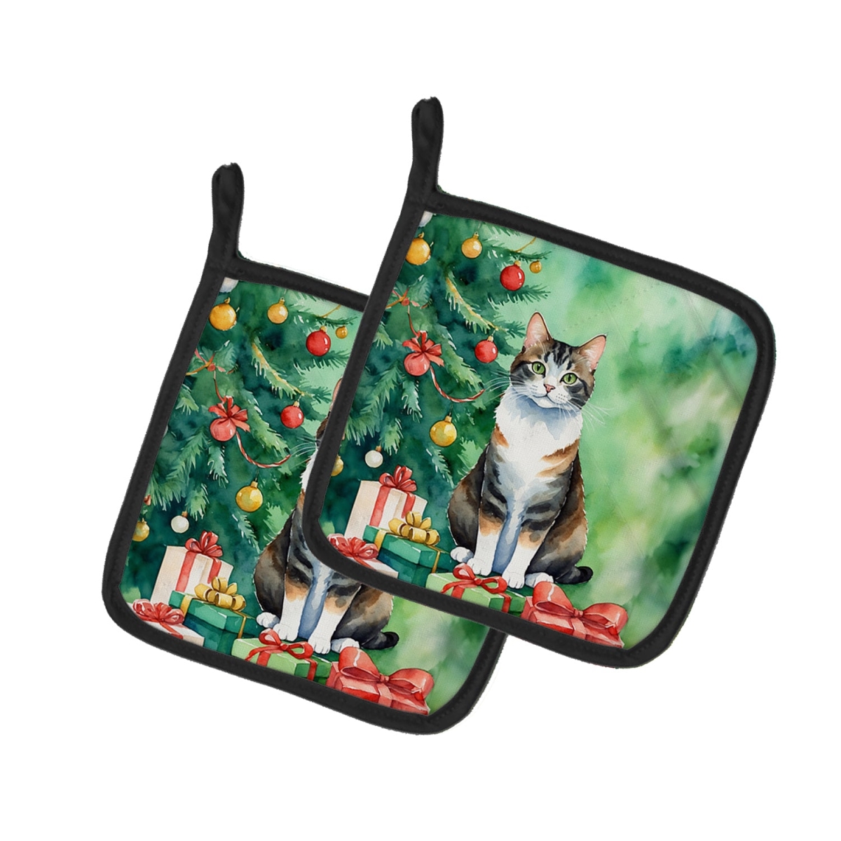 DAC7232PTHD 7.5 x 7.5 in. Manx Cat by the Christmas Tree Pot Holders - Set of 2
