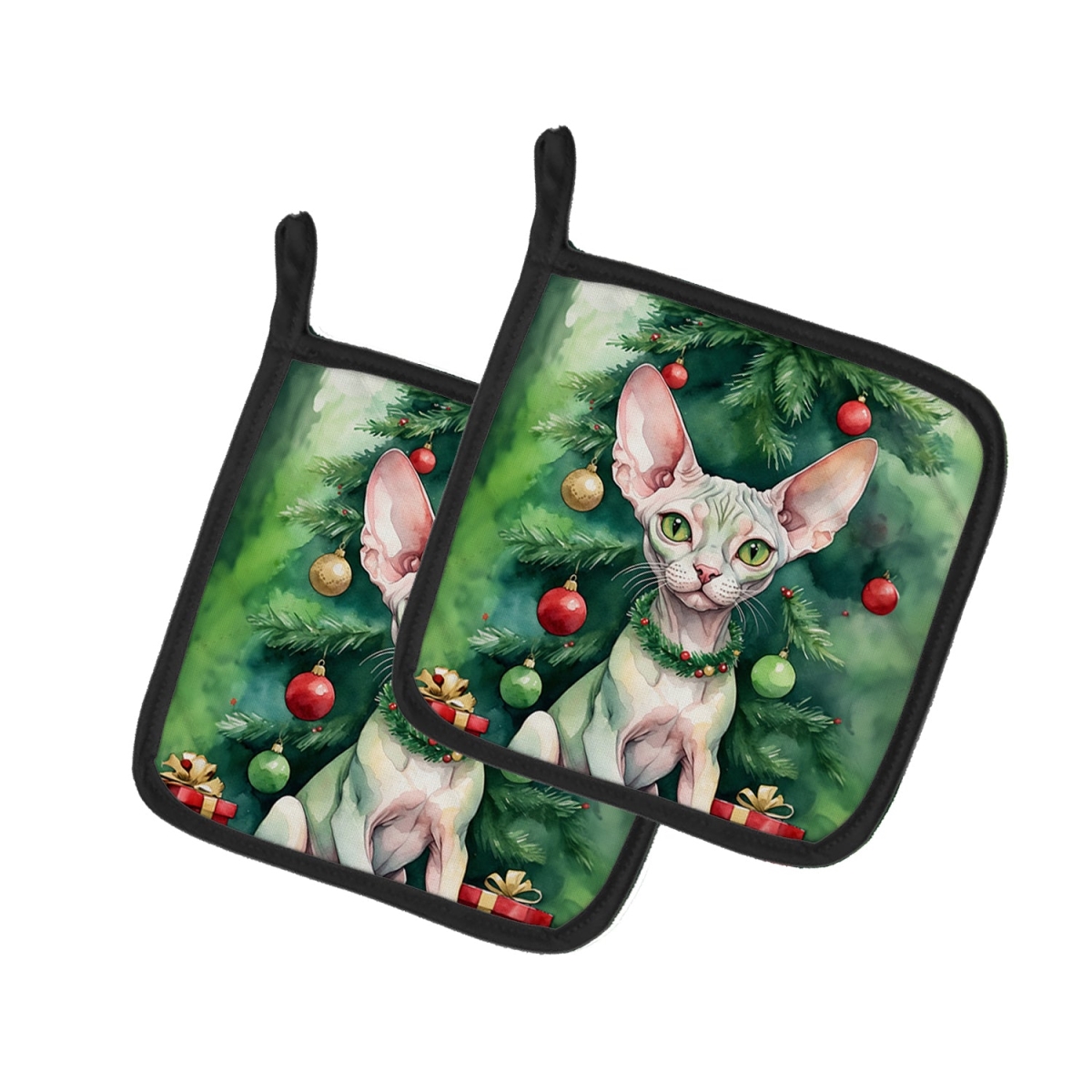 DAC7233PTHD 7.5 x 7.5 in. Minskin Cat by the Christmas Tree Pot Holders - Set of 2