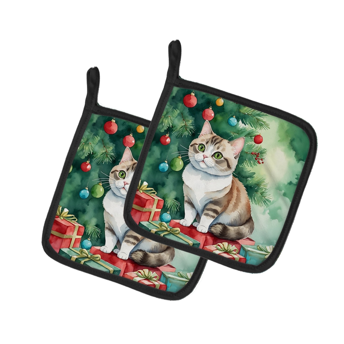 DAC7234PTHD 7.5 x 7.5 in. Munchkin Cat by the Christmas Tree Pot Holders - Set of 2