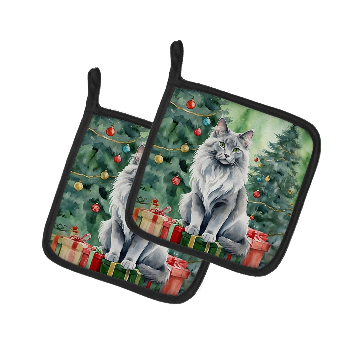 DAC7235PTHD 7.5 x 7.5 in. Nebelung Cat by the Christmas Tree Pot Holders - Set of 2