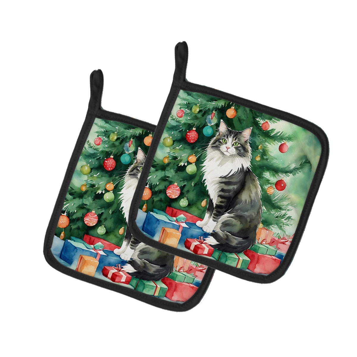 DAC7236PTHD 7.5 x 7.5 in. Norwegian Forest Cat by the Christmas Tree Pot Holders - Set of 2