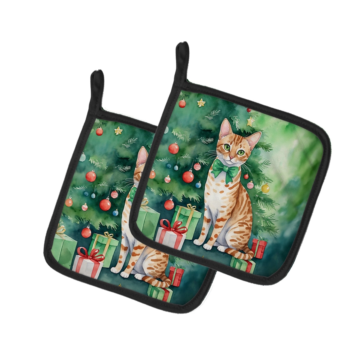 DAC7237PTHD 7.5 x 7.5 in. Ocicat Cat by the Christmas Tree Pot Holders - Set of 2
