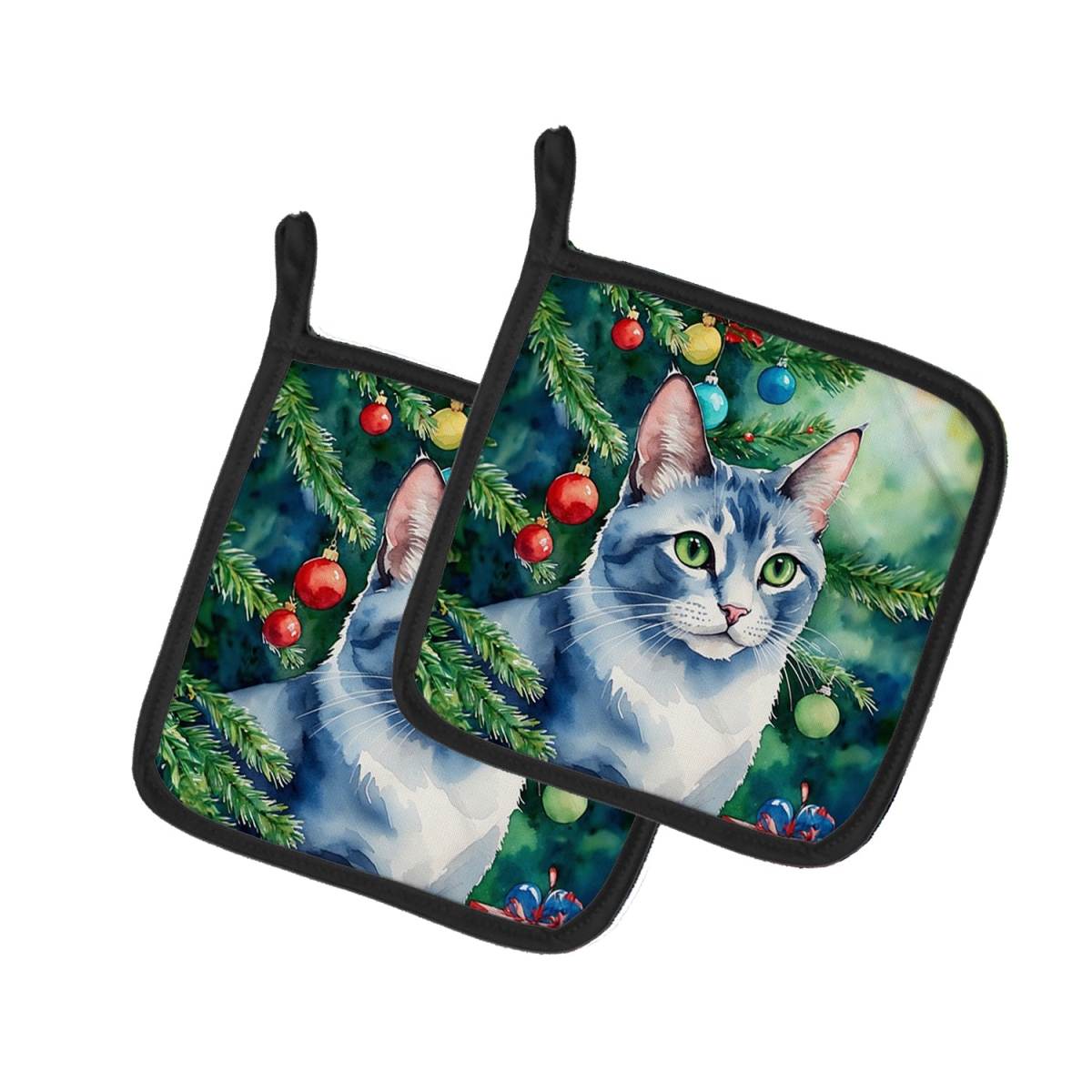 DAC7238PTHD 7.5 x 7.5 in. Ojos Azules Cat by the Christmas Tree Pot Holders - Set of 2