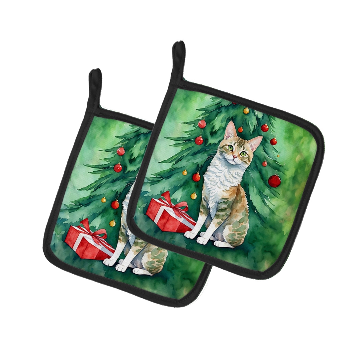 DAC7239PTHD 7.5 x 7.5 in. Oregon Rex Cat by the Christmas Tree Pot Holders - Set of 2