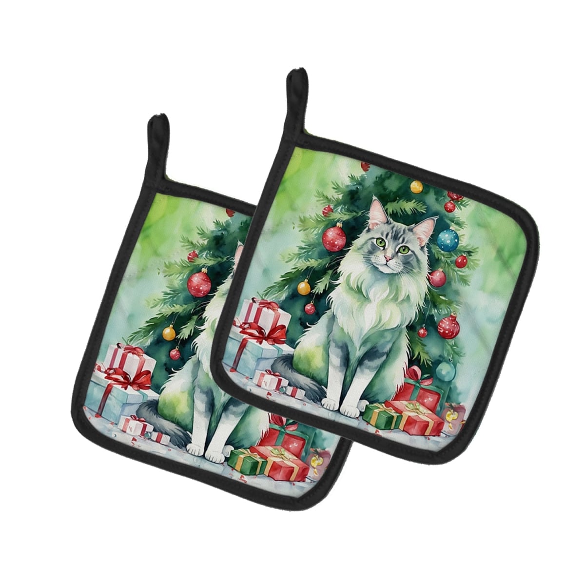 DAC7240PTHD 7.5 x 7.5 in. Oriental Longhair Cat by the Christmas Tree Pot Holders - Set of 2