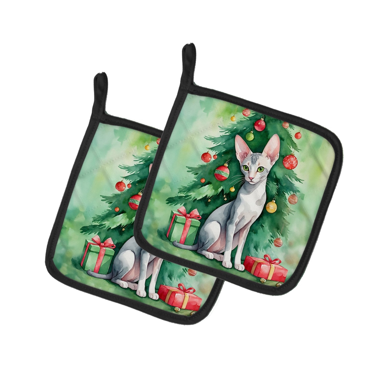 DAC7241PTHD 7.5 x 7.5 in. Oriental Shorthair Cat by the Christmas Tree Pot Holders - Set of 2