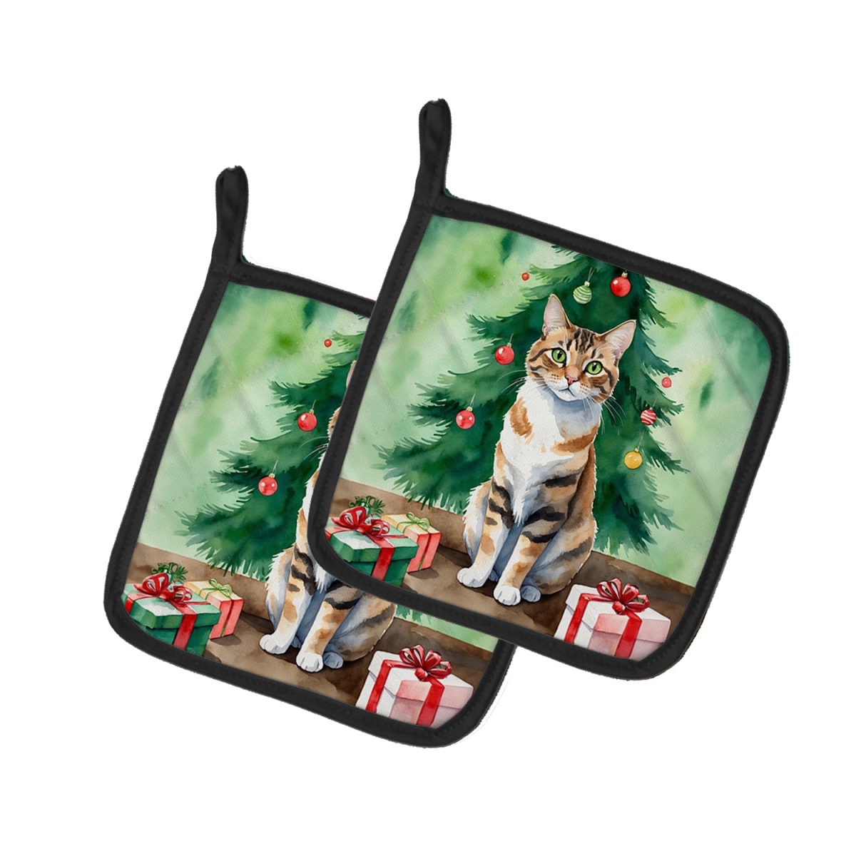DAC7242PTHD 7.5 x 7.5 in. Owyhee Bob Cat by the Christmas Tree Pot Holders - Set of 2