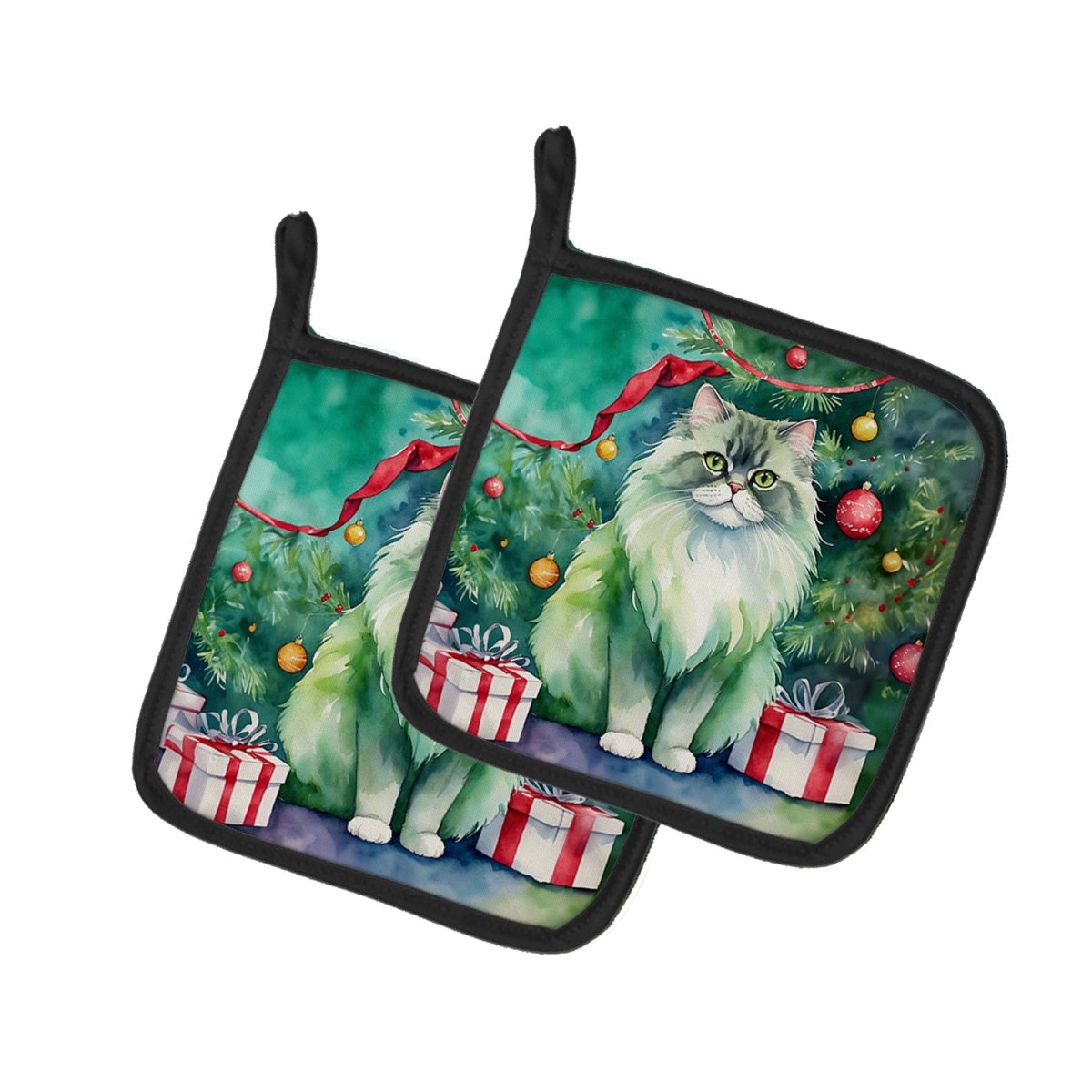 DAC7243PTHD 7.5 x 7.5 in. Persian Cat by the Christmas Tree Pot Holders - Set of 2