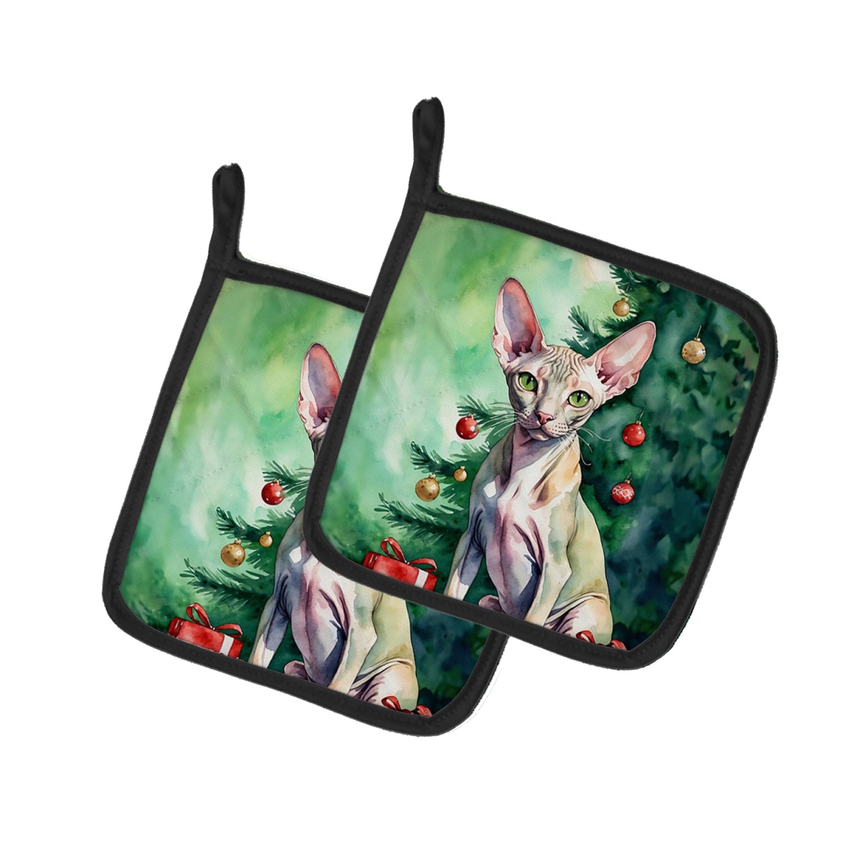 DAC7244PTHD 7.5 x 7.5 in. Peterbald Cat by the Christmas Tree Pot Holders - Set of 2