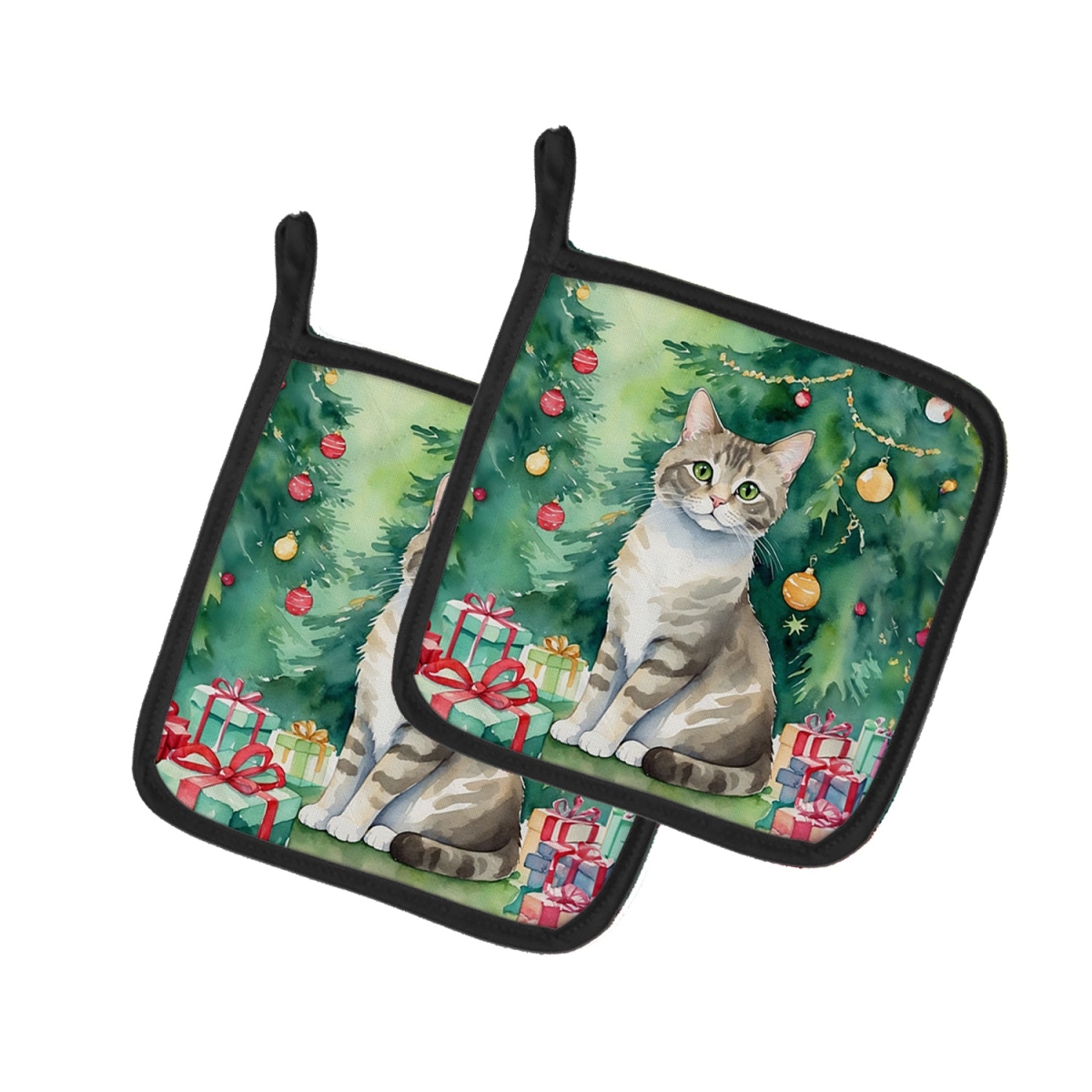 DAC7246PTHD 7.5 x 7.5 in. Pudelkatze Cat by the Christmas Tree Pot Holders - Set of 2