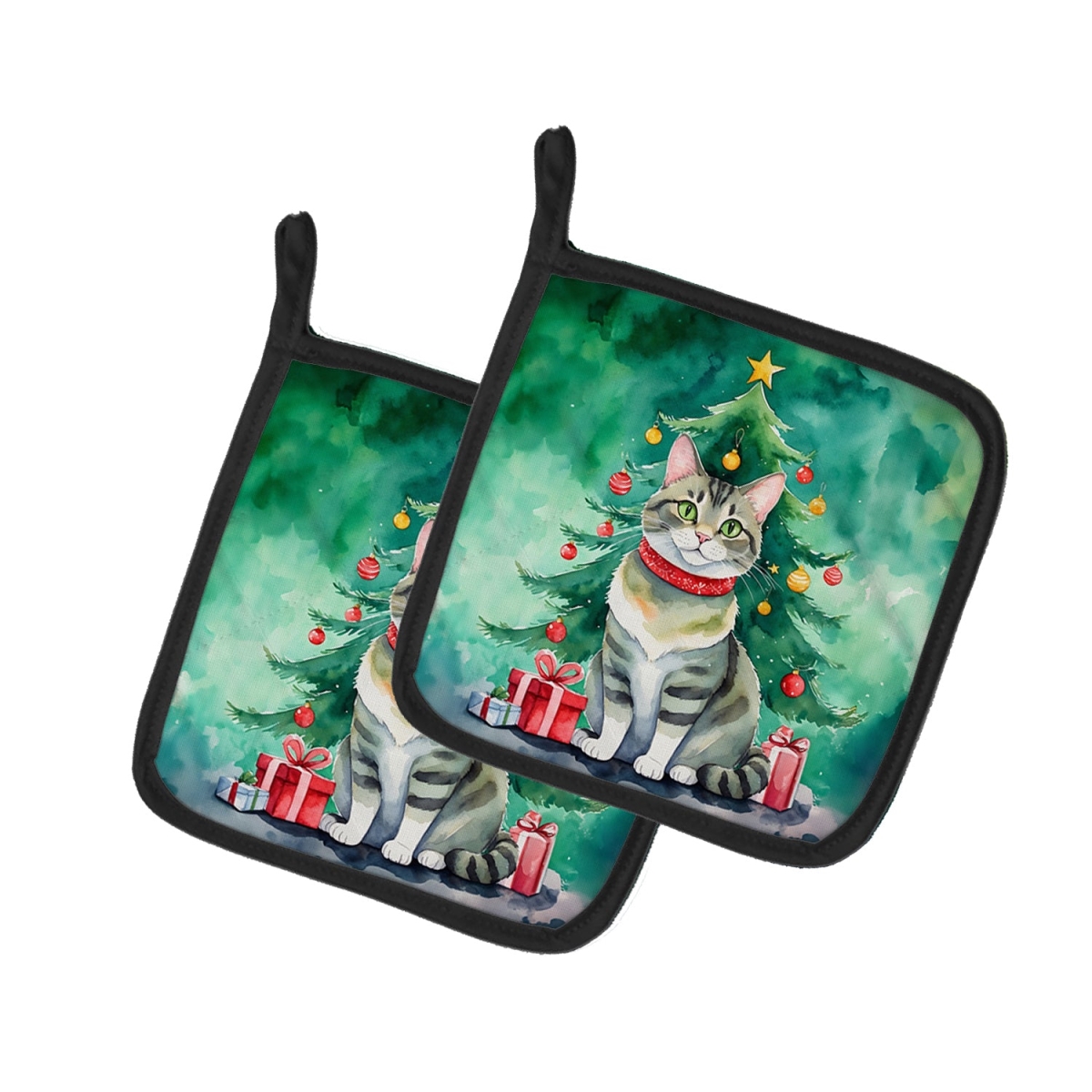 DAC7247PTHD 7.5 x 7.5 in. Raas Cat by the Christmas Tree Pot Holders - Set of 2